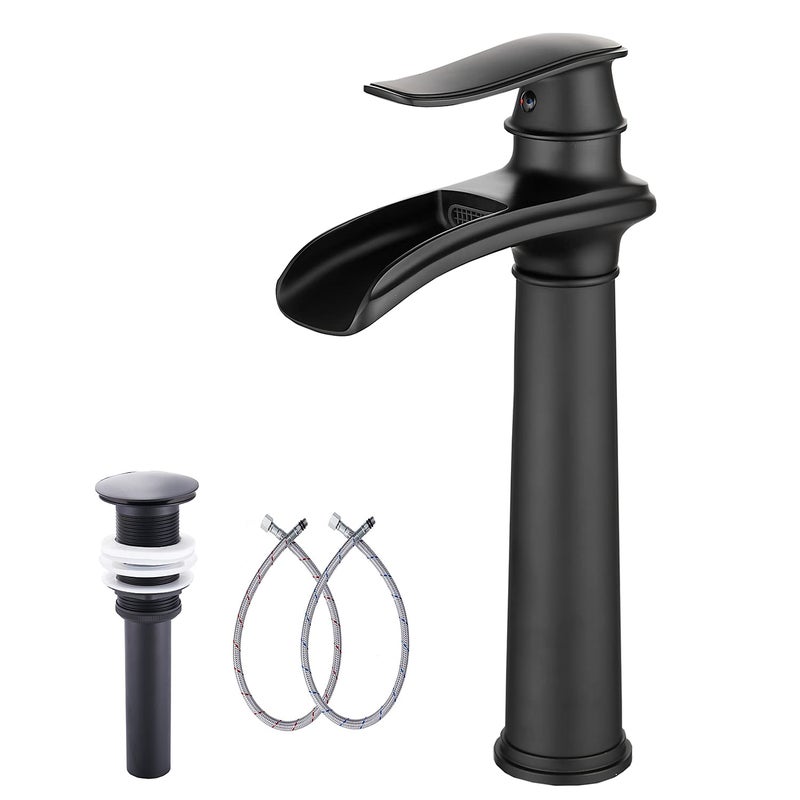 GGStudy Black Bathroom Faucet GGStudy Single Handle One Hole Farmhouse Waterfall Bathroom Vessel Sink Faucet Matte Black Matching with Pop Up Drain - Image 1